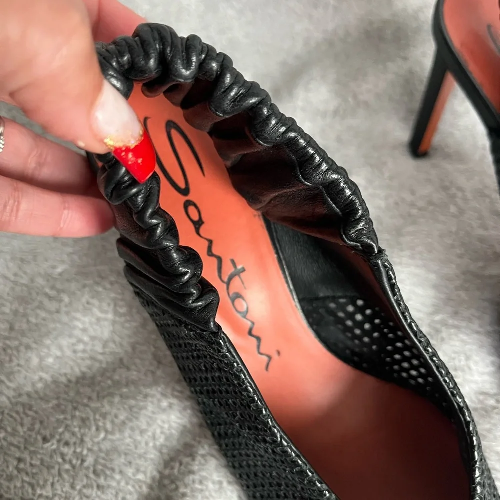 Santoni Black Woven Leather Slingback Heels | Size 36.5 (6.5 US)